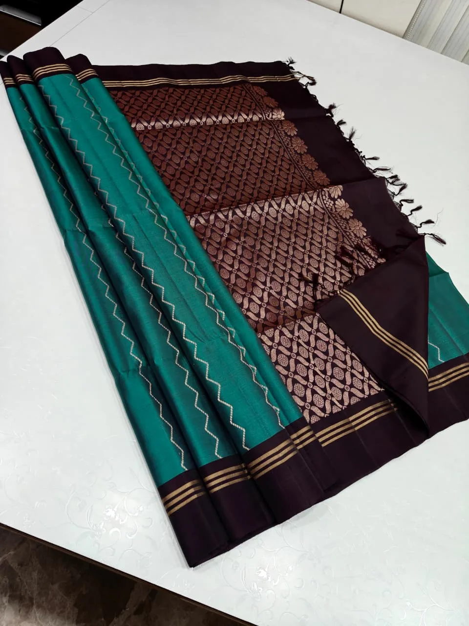 Teal Green with Coffee Brown Gold Stripe Border Soft Silk Saree
